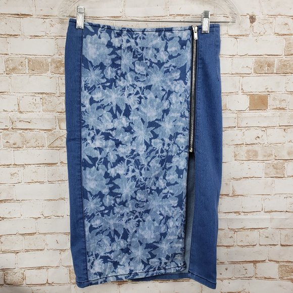 NWT Guess S Floral High Slit Denim Pencil Skirt - Picture 1 of 11